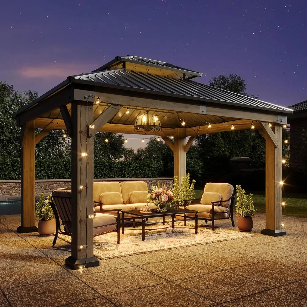 

US Shipping Hot New 10x12 FT Outdoor Wood Gazebo Hardtop Cedar Pavilion Permanent Galvanized Steel Double Roof for Patio