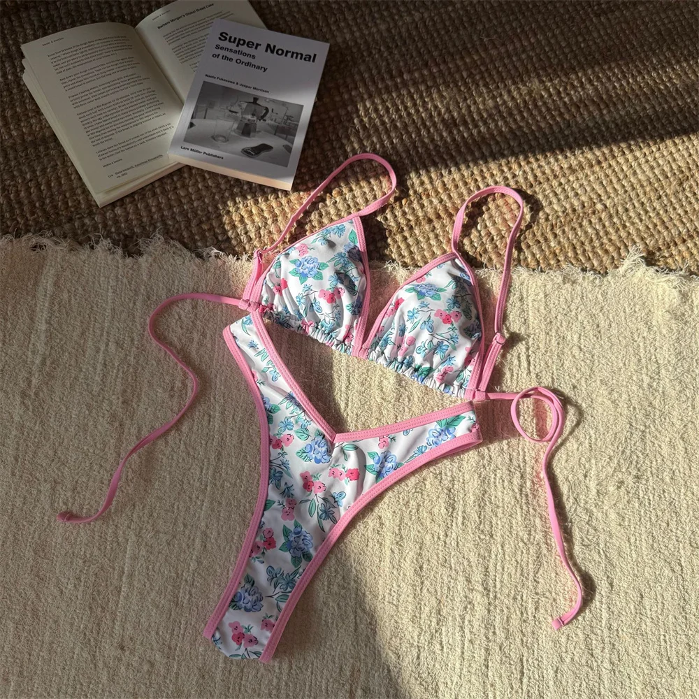 

Vintage Floral String Bikini Y2K Border Swimsuit Backless Lace Up Set Vacation Swimwear Women Bathing Swimming Suit Beach Outfit