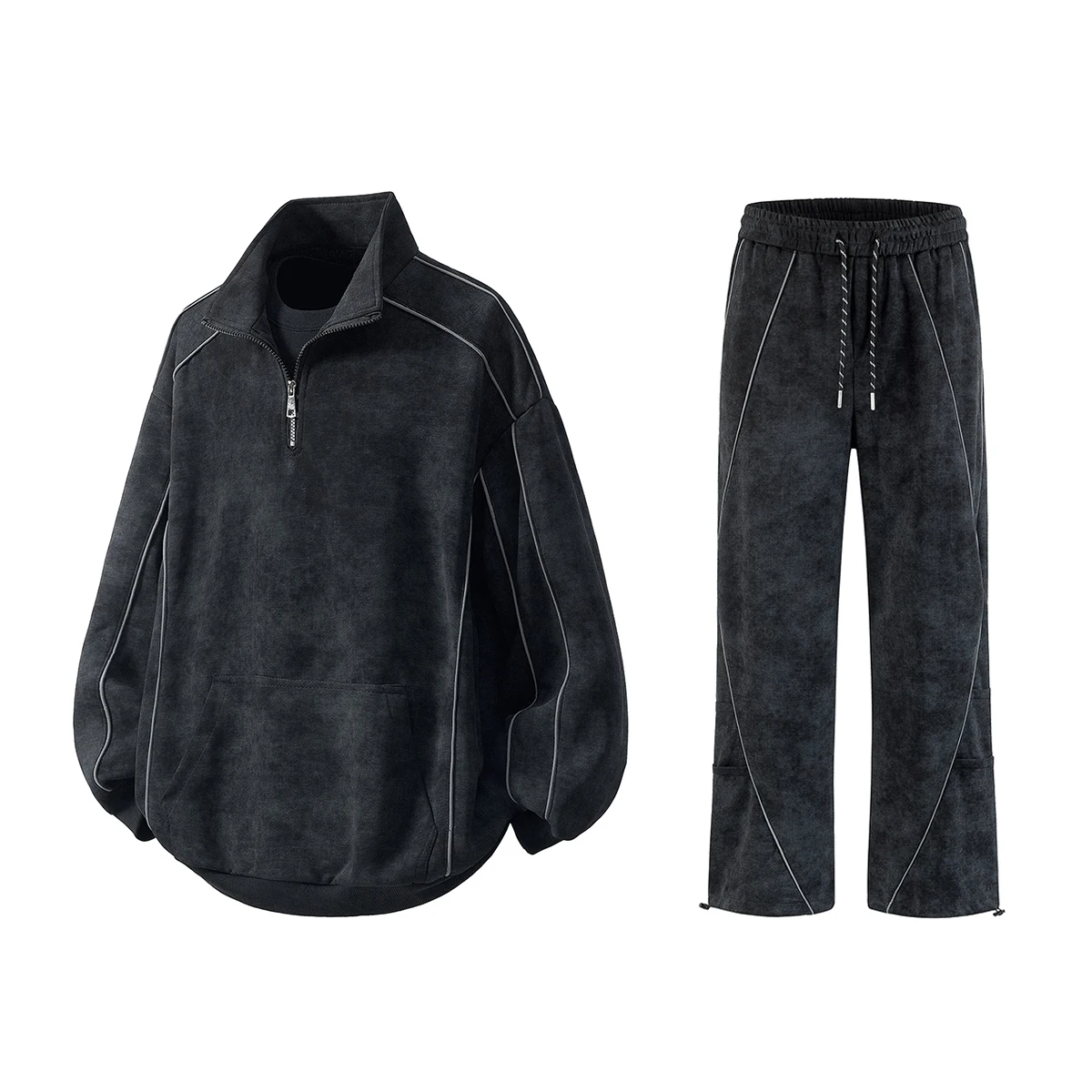 Mens Outdoor Sport Set Stand Collar Pullover Sweatshirt Straight Loose Casual Pants Tie Dye Patchwork Design Athletic Wear