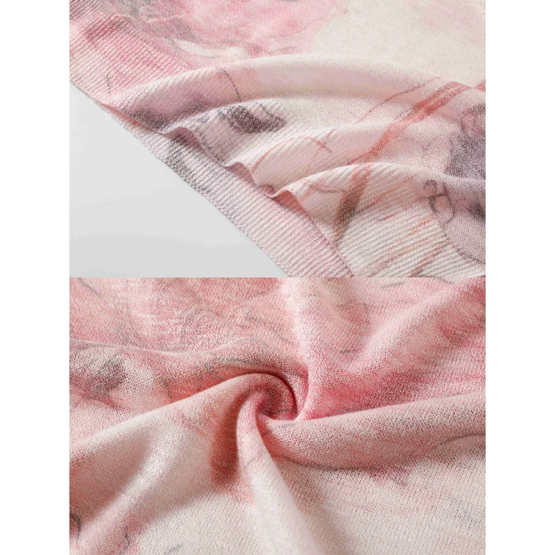 Pull tricoté à col rond pour femmes, manches courtes, bas solide, impression et teinture, haut décontracté