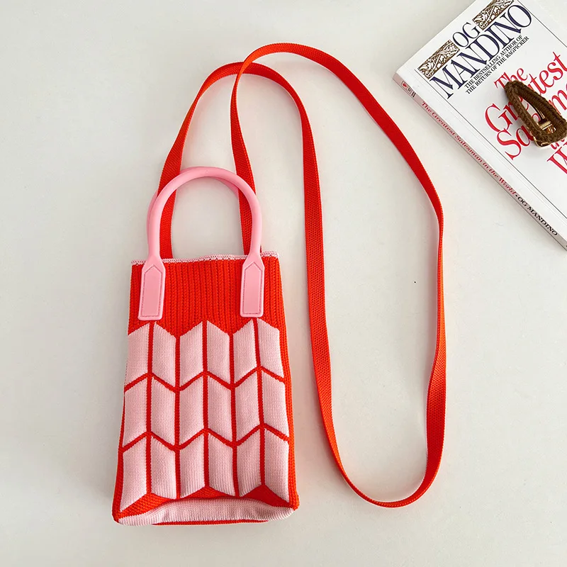 Diamond Lattice Bright Contrast Color Plaid Phone Pocket piccola borsa con manico superiore con tracolla lunga Y2K Summer Soft Mini Tote