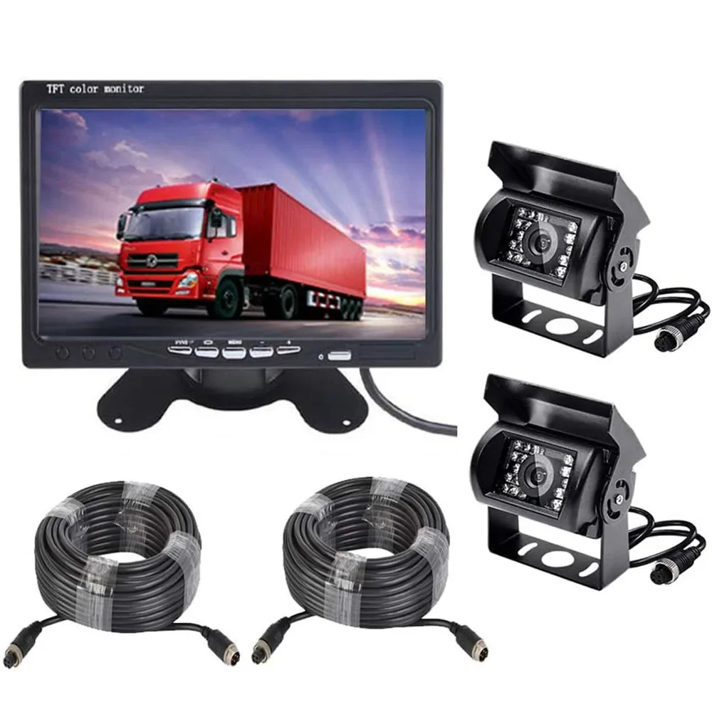 

2x 4PIN Backup Reversing Camera HD 7" Monitor Car Rear View System for Camper RV+15m 4-pin Video Extension Cables