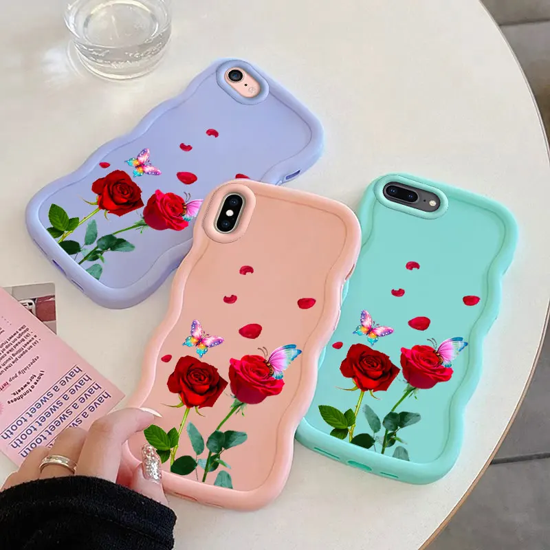 Rose Butterfly Macalong Phone Case for iPhone 7 8 PLUS SE 2020 2022 X XS MAX Soft Coque Wavy edged Shockproof Cover