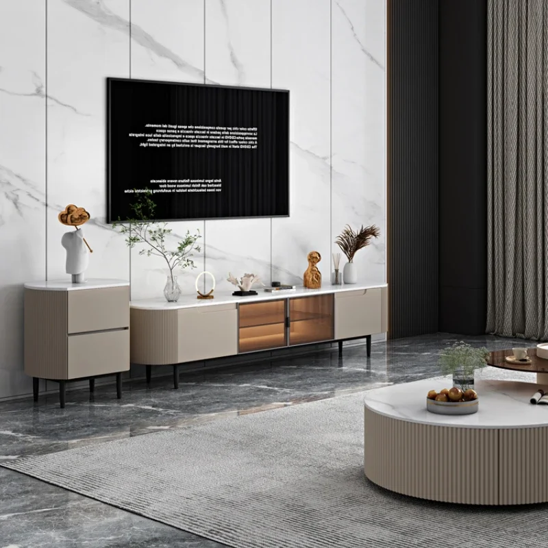 

~Stone Plate TV Cabinet and Tea Table Combination Set Modern Minimalist round High Foot Italian Minimalist Living Room Home