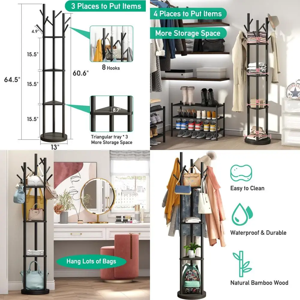 

8-Hook Bamboo Coat Rack Stand, Freestanding for Entryway, Black