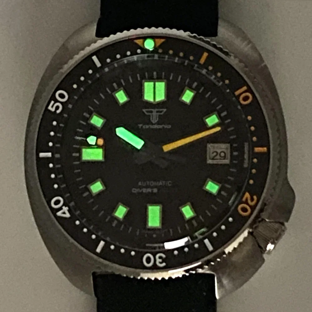 Tartaruga preto mergulho relógio mecânico masculino japão nh35 120 cliques moldura laranja mão 4.1 coroa verde lume silicone banda safira 41mm