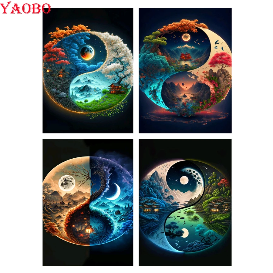 Full Square/Round 5D Diamond Painting  Tai Chi Yin Yang and Four Seasons Natural Scenery Diamond Mosaic Painting Rhinestone