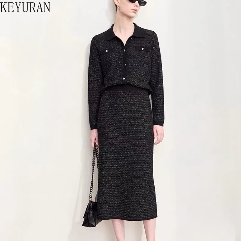 2024 Autumn New Sweater Two Piece Sets Women Outifits Elegant Commuting Office Lady Laple Knitted Cardigan and Midi Skirt Suits