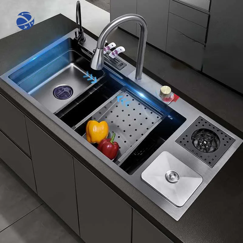

Nano Multifunctional Waterfall Kitchen Sink Basin 304 Stainless Steel Sink with Trash Can