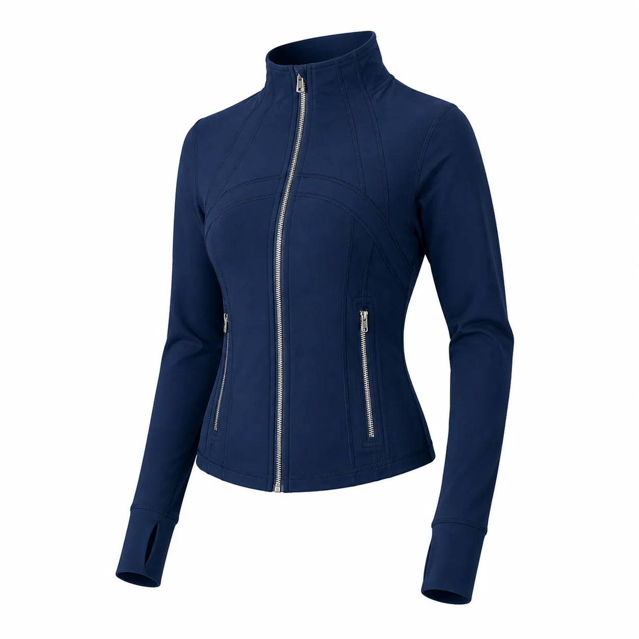 Women's Navy Blue Slim Fit Full Zip Sports Jacket Stand Collar Long Sleeve Thumbhole Workout Running Yoga Outerwear