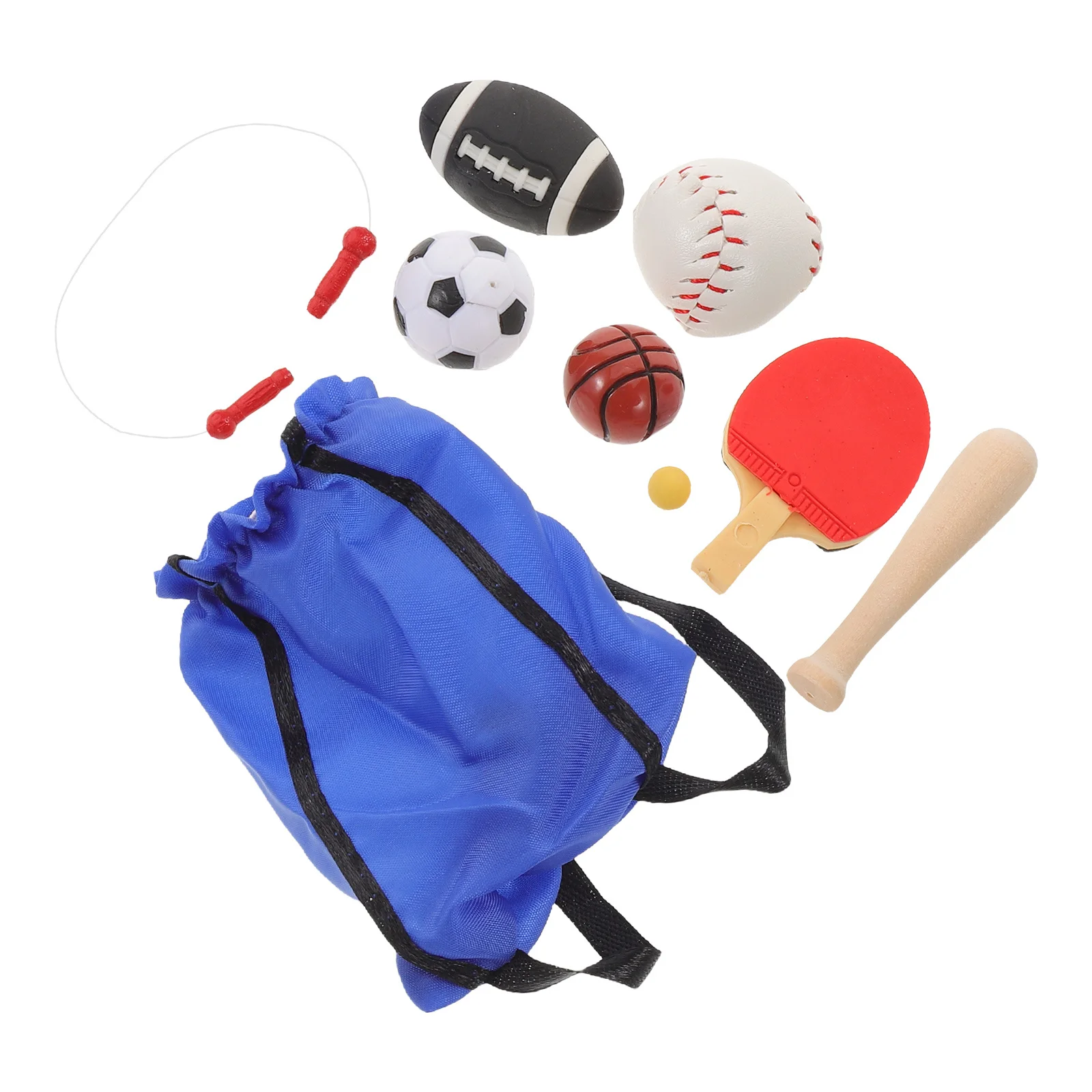 1 Set Mini-Sport-Set für Puppenhaus-Dekoration, realistisches Design, tragbar, robust, Qualität, Bjd, Mini-Basketball, Fußball, Fußball, Springseil