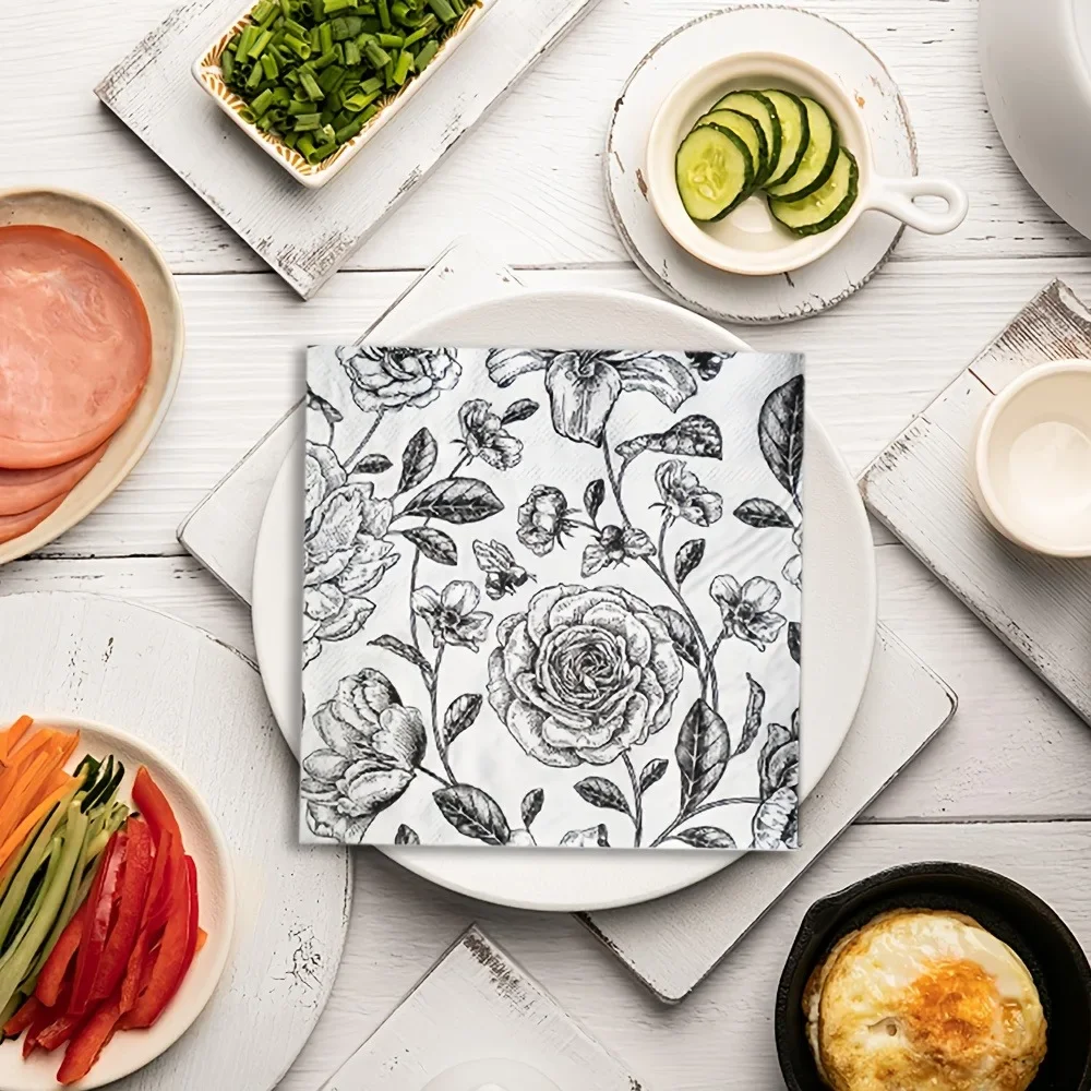 Black/Blue Rose Printed Napkin 33*33cm Disposable Paper Placemats for DIY Wedding Party Hotel Dinner Table Setting Layout