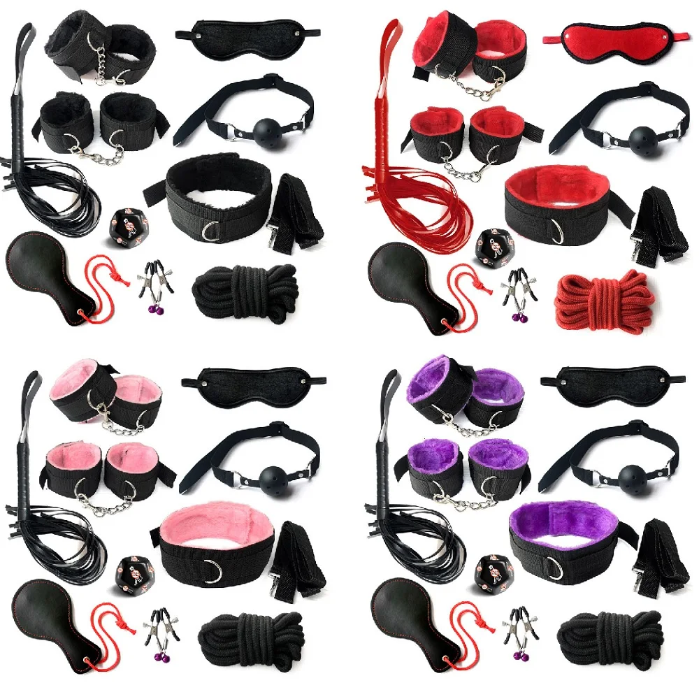 10PC BDSM Bed Restraints Sex Toy Kits Handcuffs 18+ Adult Sex Game Sexy Suit Nipple Clipper Mouth Gag Whip Sex Feather Soft SM 