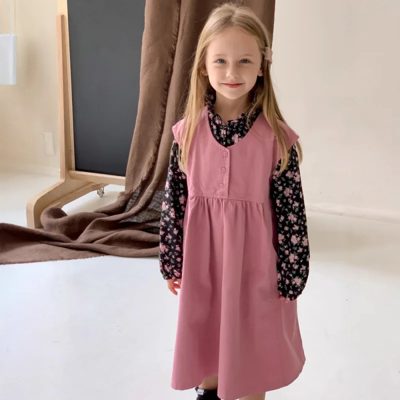

Girls' Autumn New Floral Vest Dress Set Stylish Vest Dress Long Sleeve Base Shirt