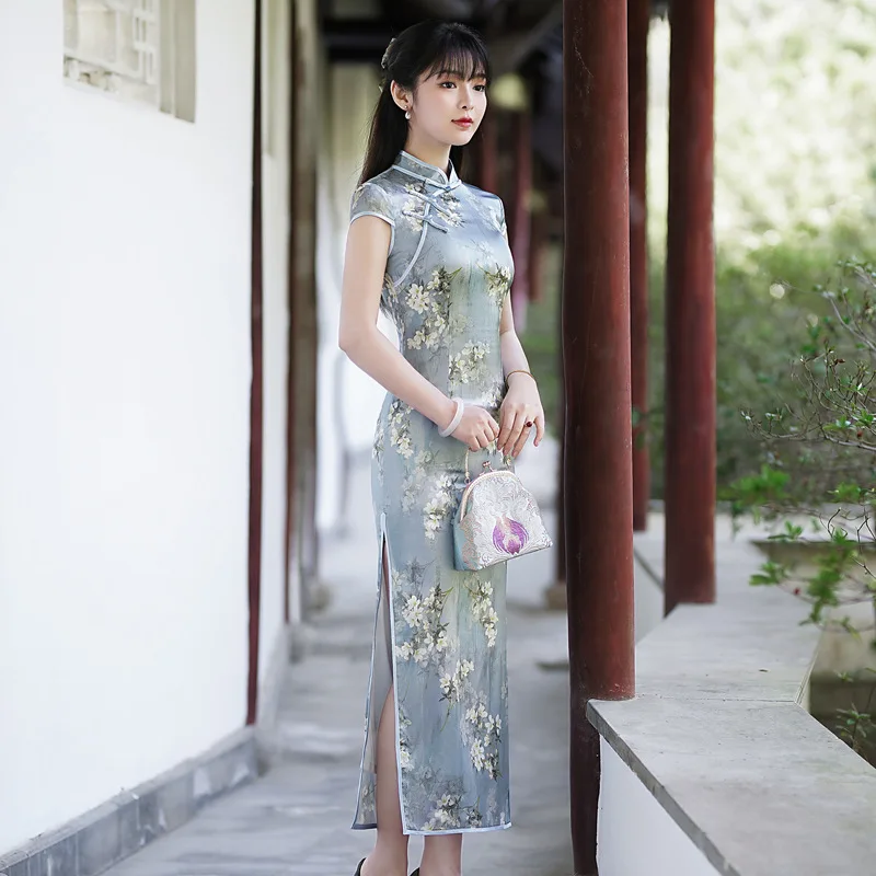 Summer Blue Long Stand Collar High Quality Real Silk Short Sleeve Magnolia Vintage Cheongsam Qipao Women's Dress