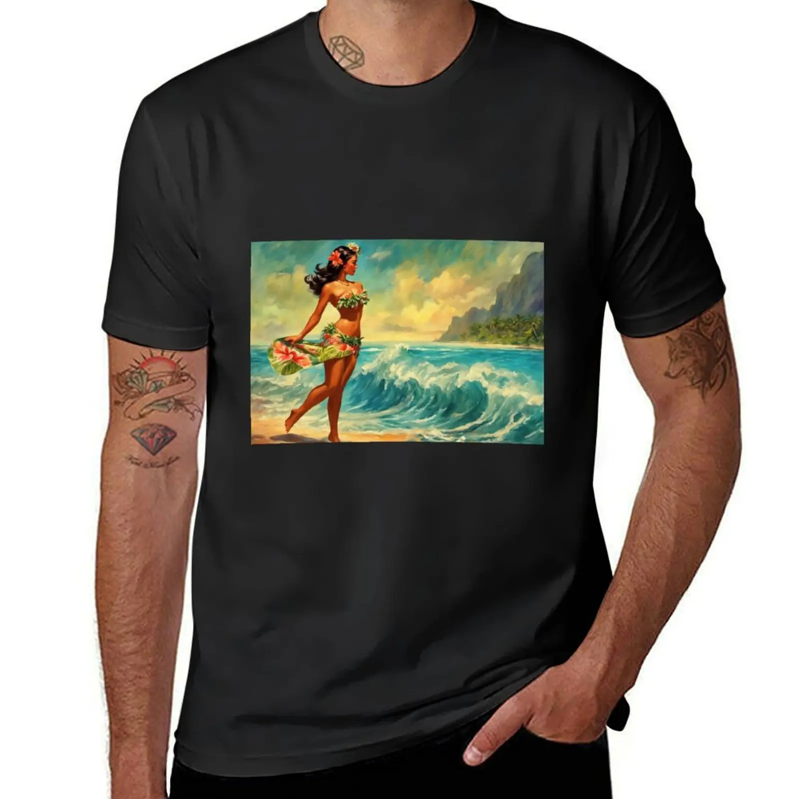 A Painting Of A Woman In A Hula Skirt On The Beach T-Shirt blanks Short sleeve tee men t shirts