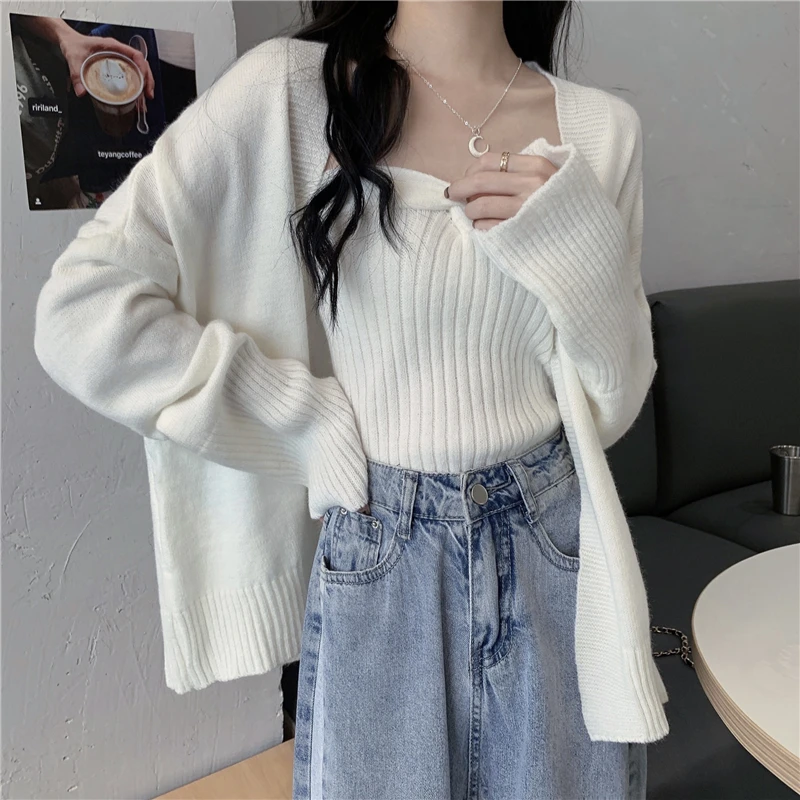 Two Pieces Sets Knitted Cardigan Elegant Women Slim Knitwear Sweater Autumn Winter Loose Solid Long Sleeves Knitwear Jumpers