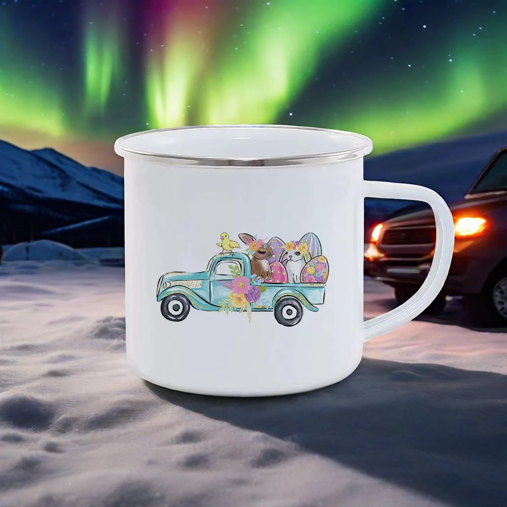 

Cute Rabbit Pattern Breakfast Cups Soft Charming Color Milk Cola Mug For Camping Hiking Safe Durable UseHappy Easter Enamel Mug