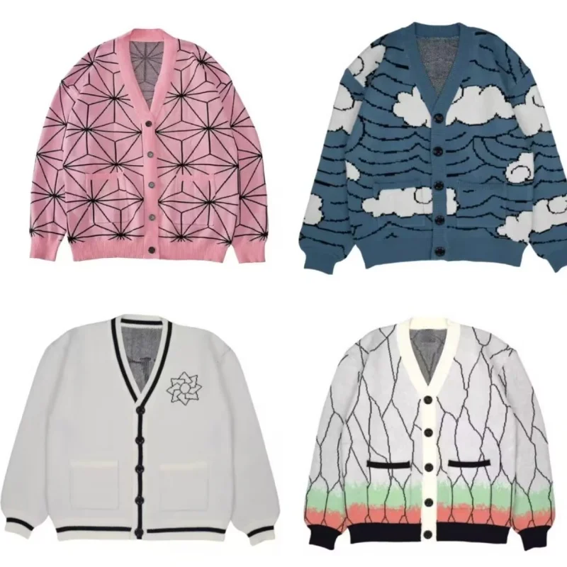 Demon Slayer Tanjirou-suéter de punto Unisex con cuello en V, disfraz de Cosplay, cárdigan cálido, chaqueta de Anime de Halloween para todas las edades