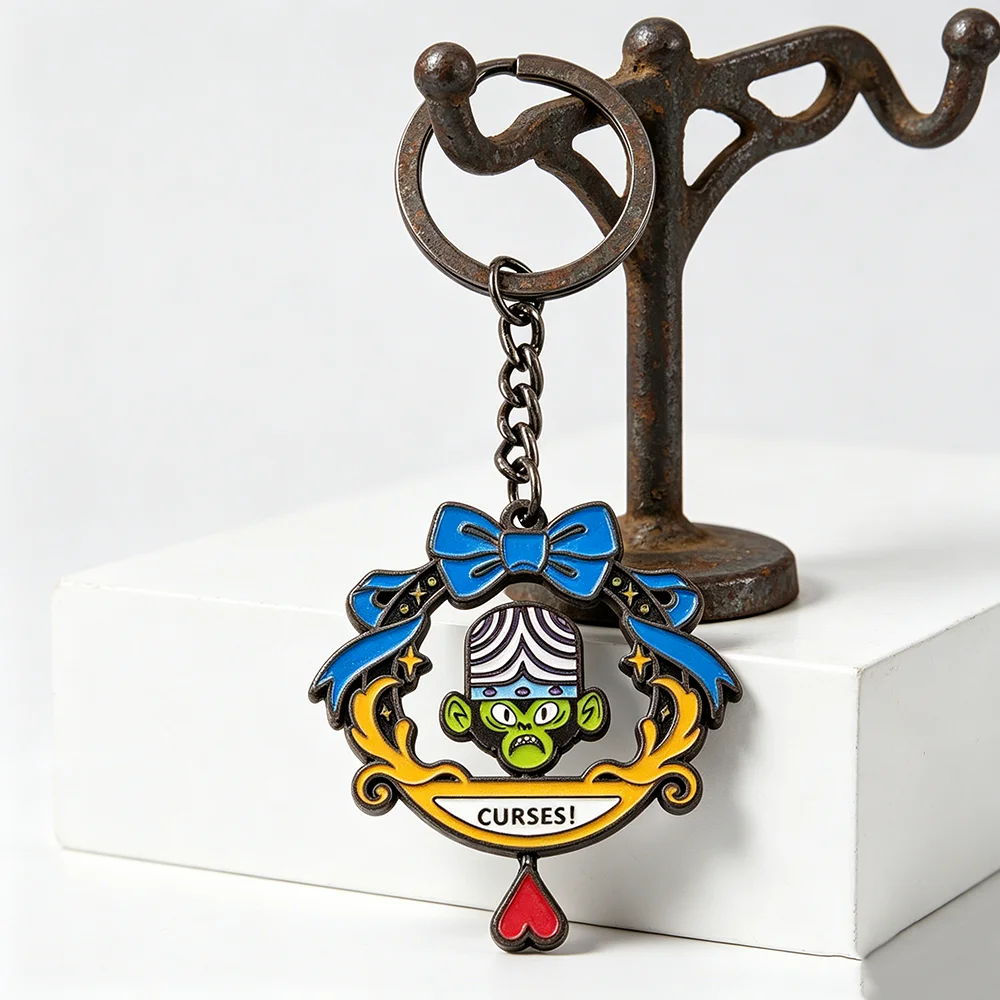 Lustiger Mojo Jojo Drehbarer Schlüsselanhänger, Doppelseitiger Spinning-Schlüsselring, Kawaii-Bösewicht-Figur, Metallanhänger, Taschendekoration, Geschenk für Fans – Detail 14