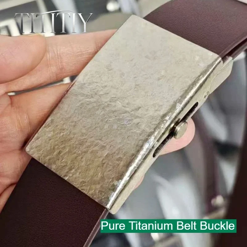 New Men Pure Titanium Buckle Automatic Roller Infinite Adjustable Cowhide Leather Belt, 35/38mm Hypoallergenic Waistband