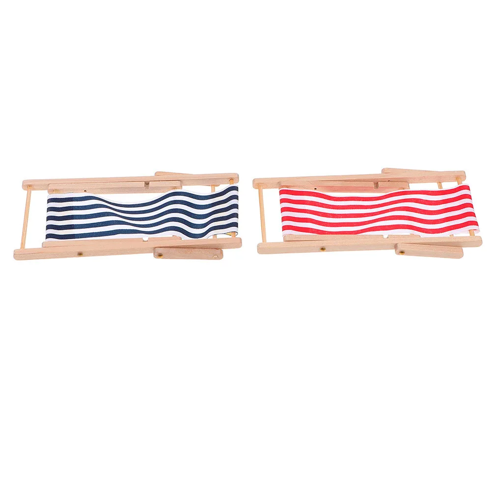 2Pcs Miniature Beach Chairs Foldable Wood Cloth Striped Design Wear-Resistant Lightweight Mini House Decoration Birthday Gifts