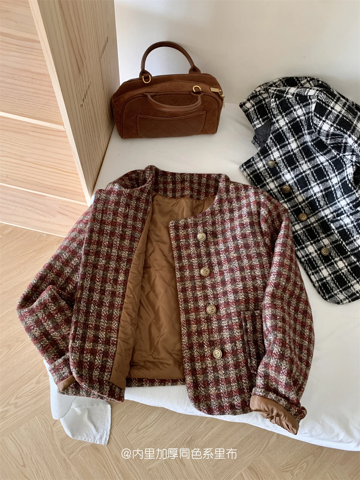 Chaqueta holgada a cuadros con doble botonadura acolchada de algodón Vintage para mujer, prendas de vestir cortas acolchadas de manga larga cálidas para invierno