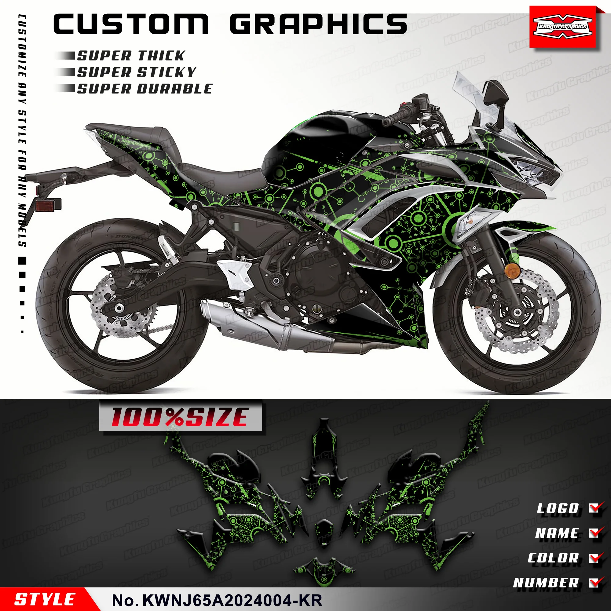 KUNGFU GRAPHICS Sport Bike Décor Vinyl Sticker Kit for Kawasaki Ninja 650 2020 2021 2022 2023 2024 KWNJ65A2024004-KR