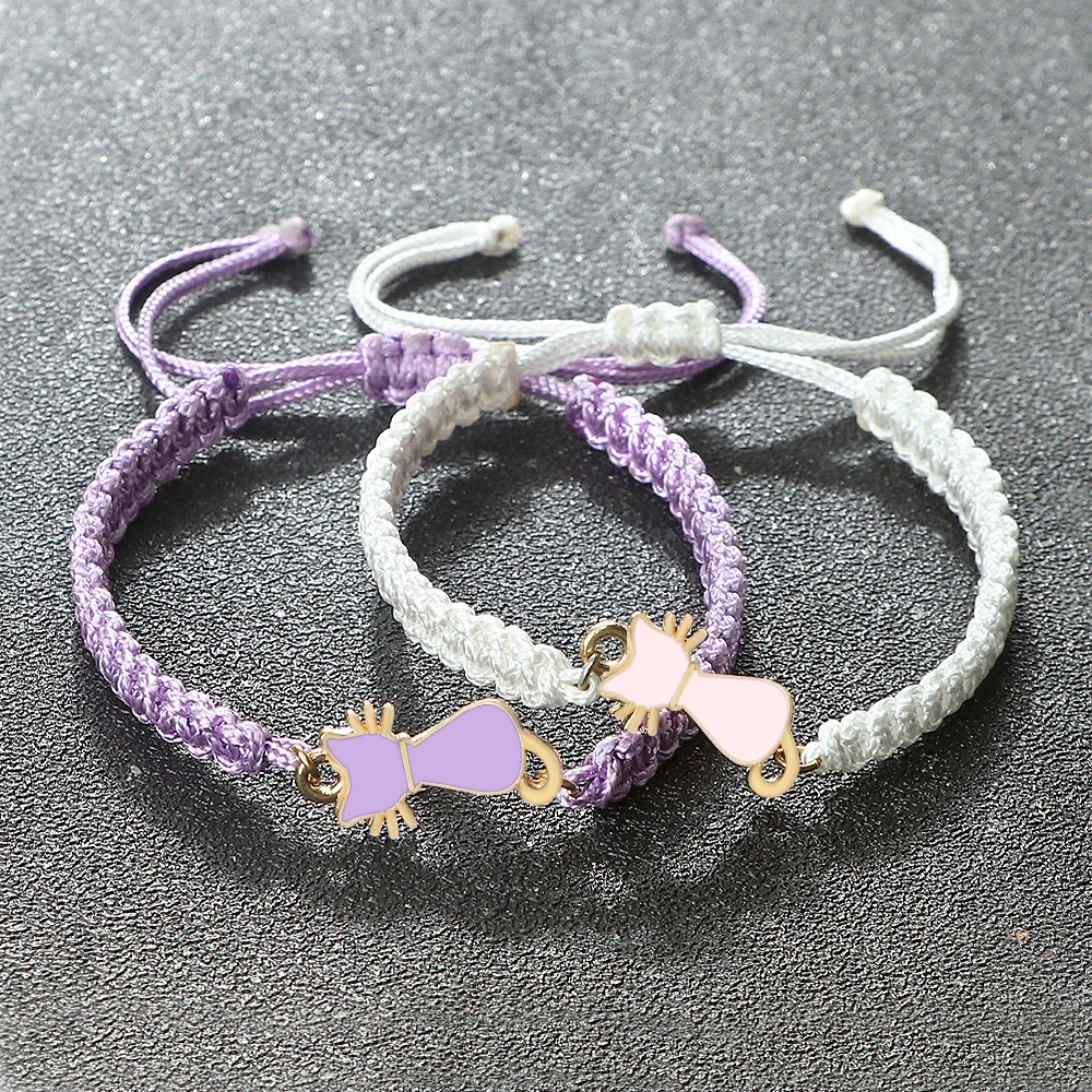 Women Pink Purple Cat Bracelets Elegant Kitties Adjustable Braided Thread Bracelet Bangle Meaningful Jewelry Gift for Girlfriend