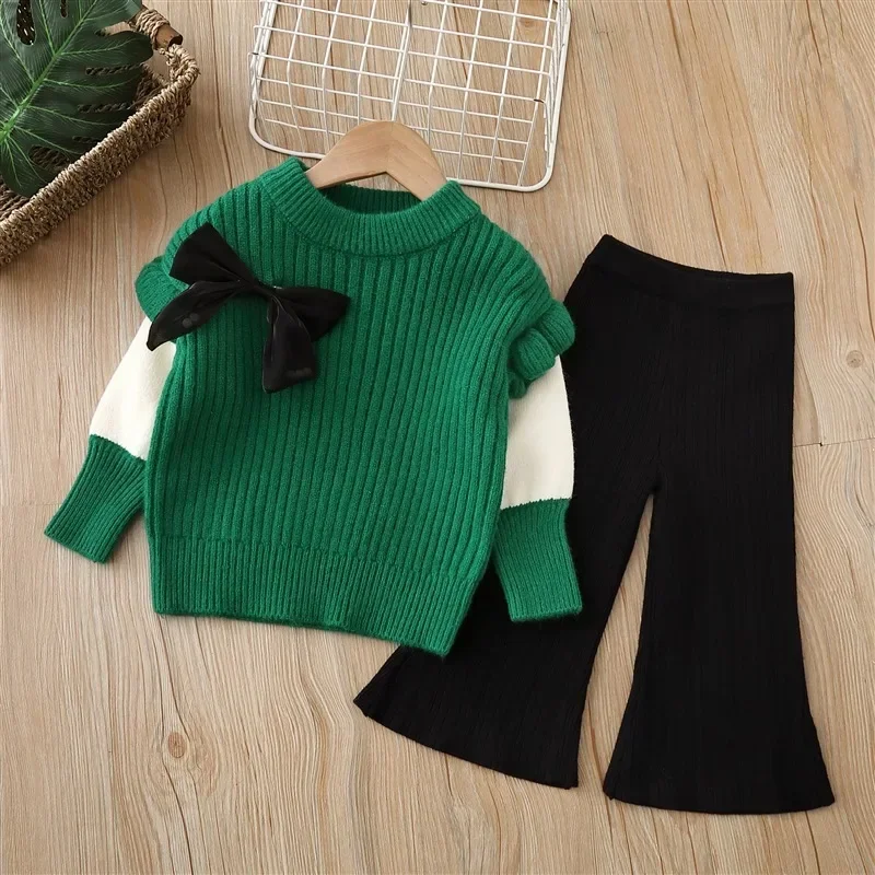 

Childrens Sets Two Piece Childrens Sweater Knitted Round Neck 2024 Autumn/Winter New Collection Girls Base Shirt Loose Coat