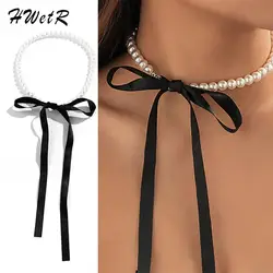 Gargantilha de fita elegante para mulheres, colar bowknot, pérola imitação gótica, acessórios de clavícula, moda