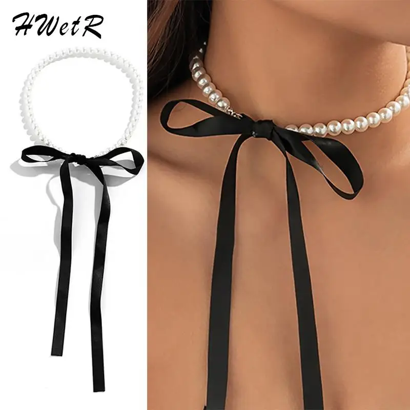 Fashion Elegant Velvet Ribbon Bowknot Choker Necklace For Women Goth Imitation Pearl Clavicle Chain Accessories