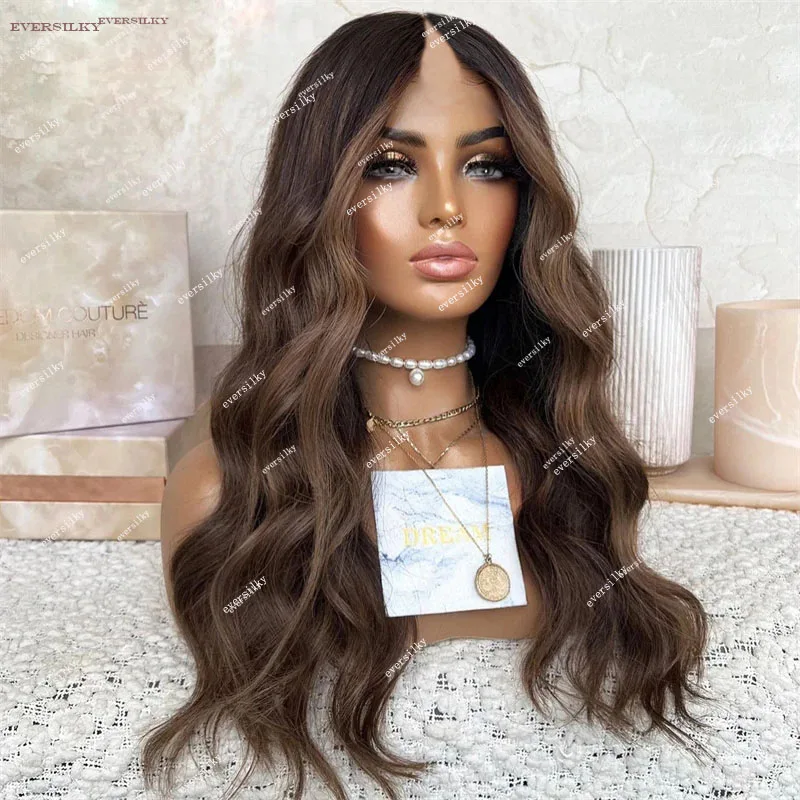 Highlight Dark Chestnut Brown V Part Wig 100% Human Hair Loose Wave Chocolate Ash Blonde U Shape Half Wig Full End Made End 250%