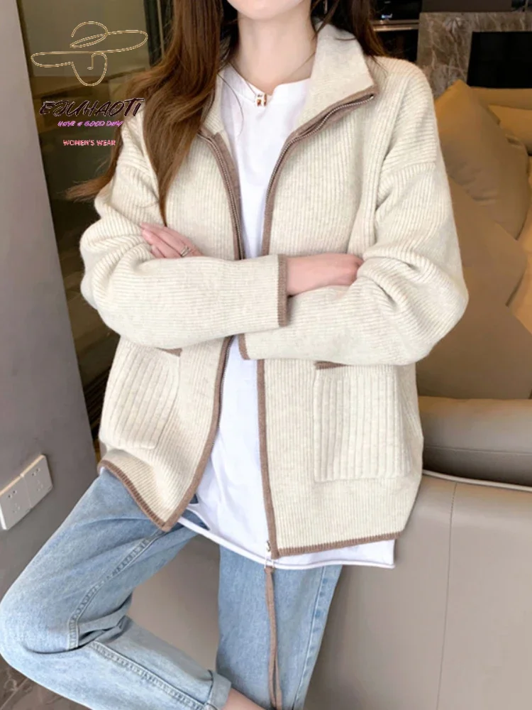 

Women's Sweater Zipper Cardigan 2024 Korean Fashion Loose Lazy Style Knitwears Tops Jerseys Womens Clothing Ladies Coat