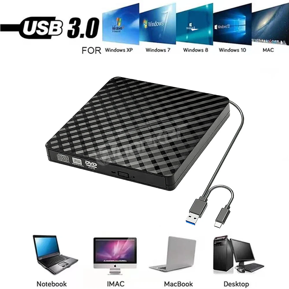 Woopker-Externo USB 3.0 Tipo C DVD Externo, CD DVD leitor de unidade, leitor de queimador, unidades ópticas, Notebook e PC, 2in 1