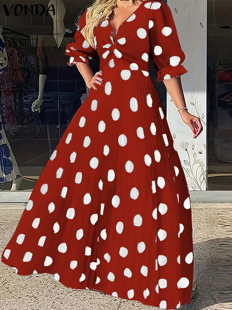 

2024 VONDA Women Long Dress Dot Printing Elegant V-neck Sundress Casual Half Sleeve Vestidos Sexy Ruffles Sweety Maxi Robes