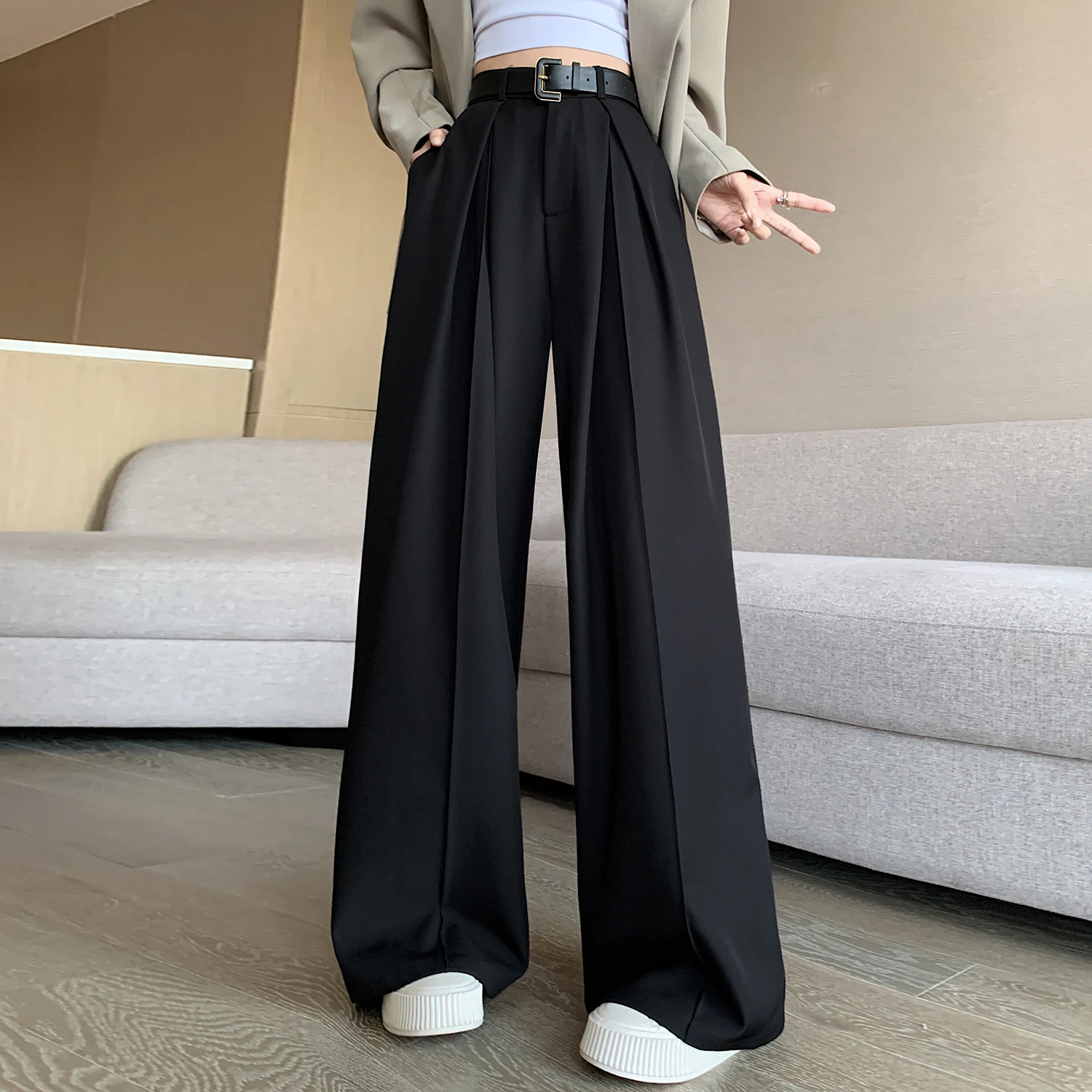 2024 new real shot ~ large size women\'s fall wide leg pants feel lean high waist loose mopping casual suit pants