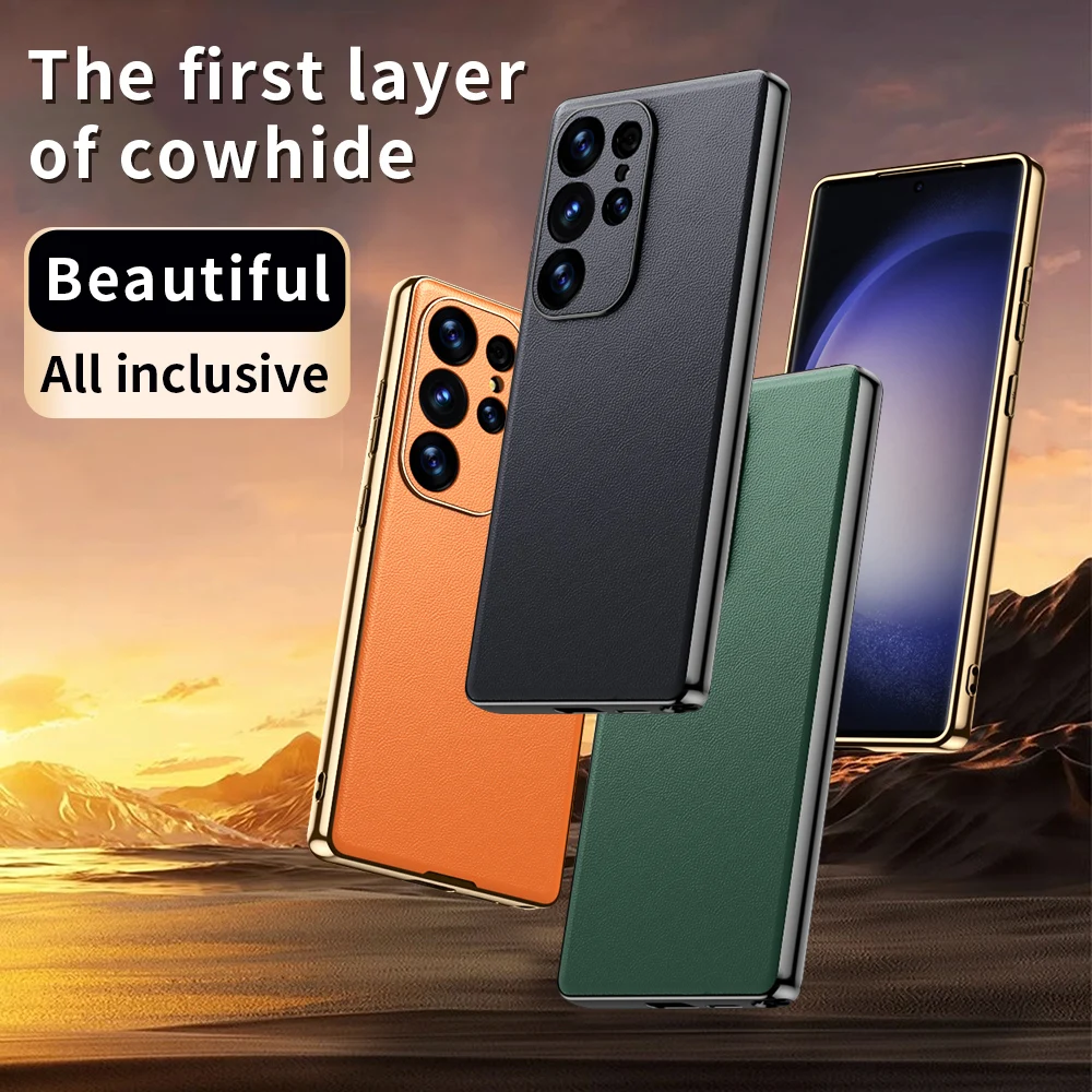 Custodia per telefono in pelle di lusso per Samsung Galaxy S25 S24 Ultra S25+ S24+ S22 S23 Plus con bordi placcati e copertura protettiva per fotocamera