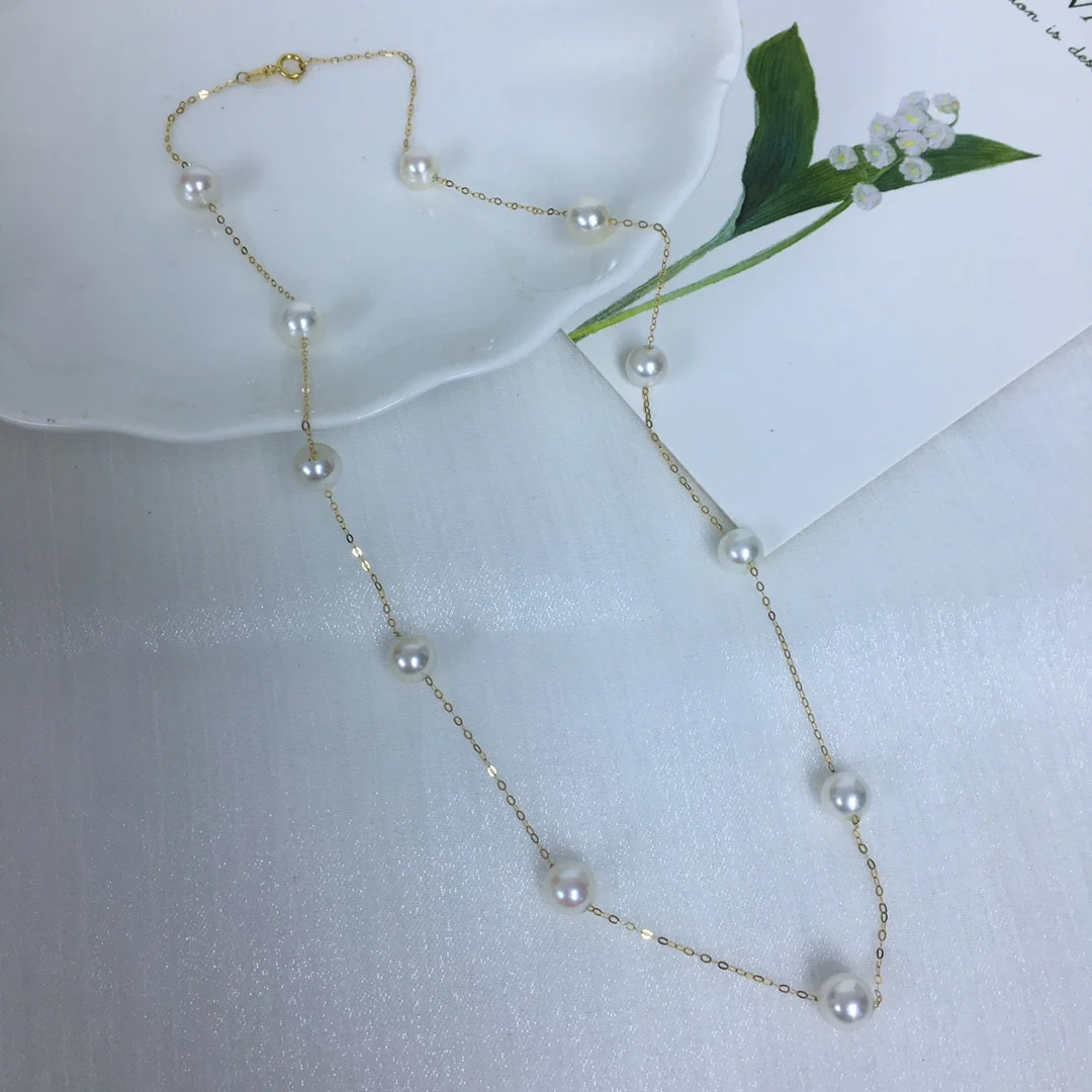 18K Gold Chain Necklace With 6-7mm White Natural Pearls Elegant Women Collar Necklace Wedding  Choker Necklaces Jewelry