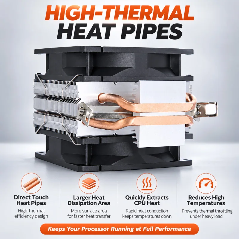 Computer Office Cooler Air-cooled Processor 2 Heat Pipe CPU Fan 90mm 4pin-PWM Compatible Slot LGA115X 1200 1700 2011 X79 X99 AM4