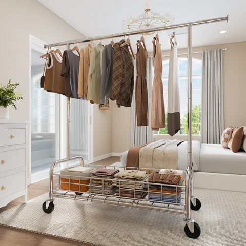 Closet Organization System Heavy-duty Chrome Alloy Clothes Hanger, Clothing Storage Rack,With Sturdy Wheels And Double Pole Hanging Clothes, Storage Box With Open Integrated Metal Fence Below, Storage & Home Organization