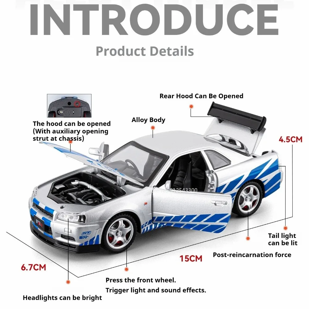 1:32 Scale GTR R34 R35 Car Model Toy Doors Opened Sound Light Supercar Pull Back Alloy Diecast Vehicle for Boyfriend Presents