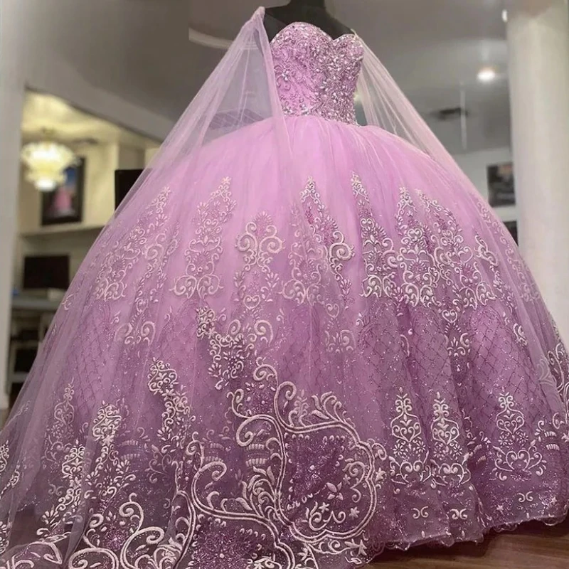 Real Picture Lilac Quinceanera Dress With Sleeve Cape Ball Gown Sweet 16 Prom Party Gown Christening Pageant Vestido De 15 Anos