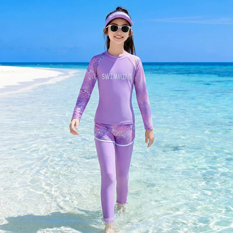 2026 Kids Girls Long Sleeve Swimsuit with Skirt Rash Guard Swimming Costume 2Pcs Quick Dry Beach Pool Swimwear Bottom and Pants