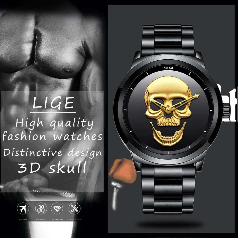 LIGE Top Brand Fashion Quartz Man Watch Creative 3D Skull Stainless Steel Watchs for Men Casual Business Waterproof Male Clocks