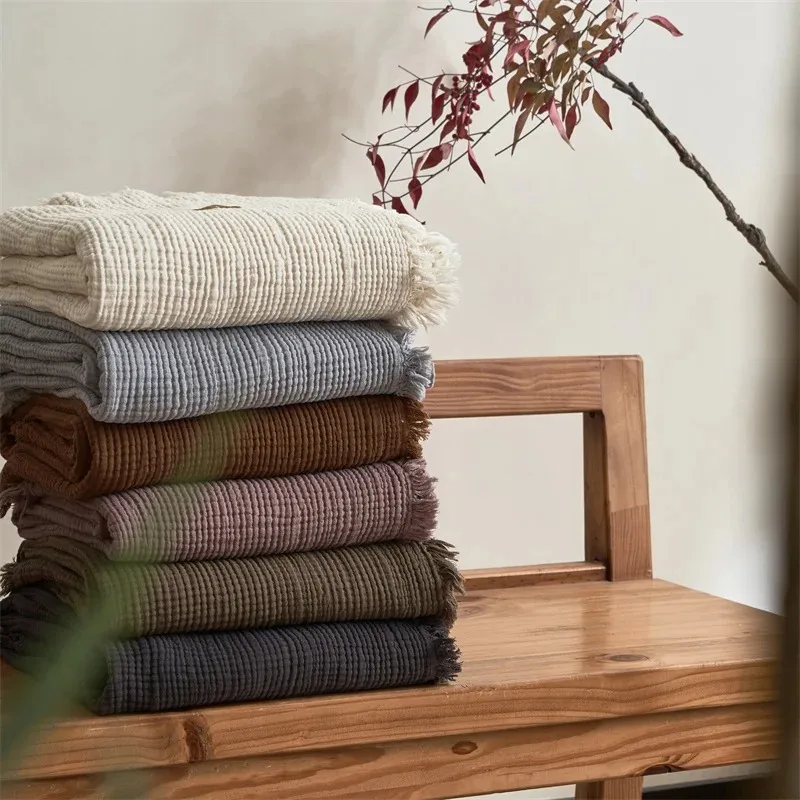 

4-Ply Cotton Muslin Sofa Bed Blanket - Decorative blanket with tassels on AB surfacelightweight blanket for office, living room