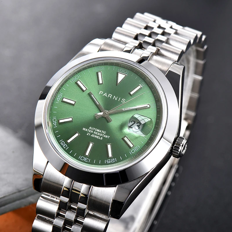 2024 Luxury Brand Parnis 39.5mm Green Dial Automatic Mechanical Men Watches Calendar Sapphire Crystal Watch For Men reloj hombre