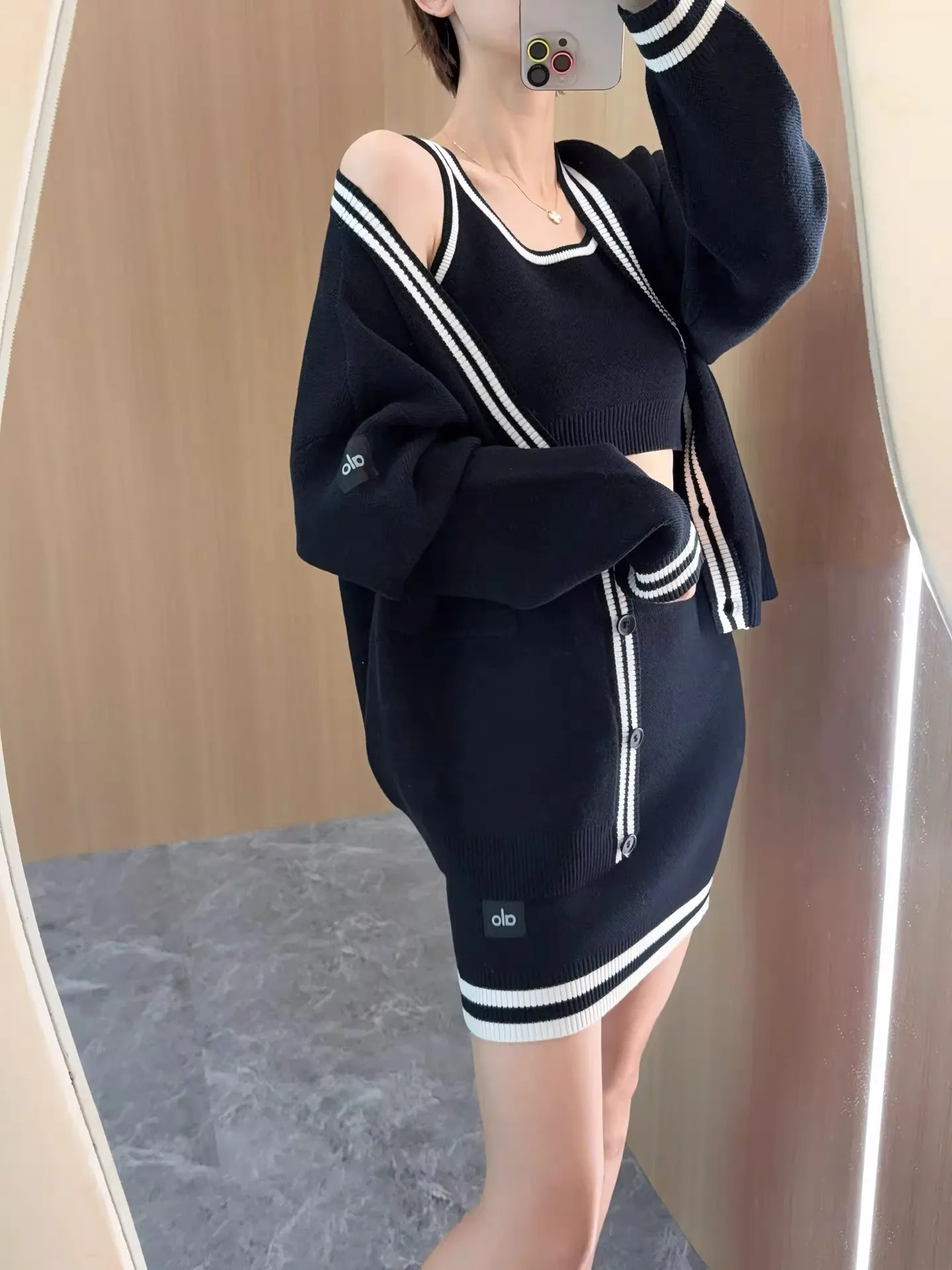 

ALOSCO New Knitted Cardigan Dress Set Women's Casual Cotton Three-piece Set Spring Autumn Fashion Short Sleeve Zipper Closure