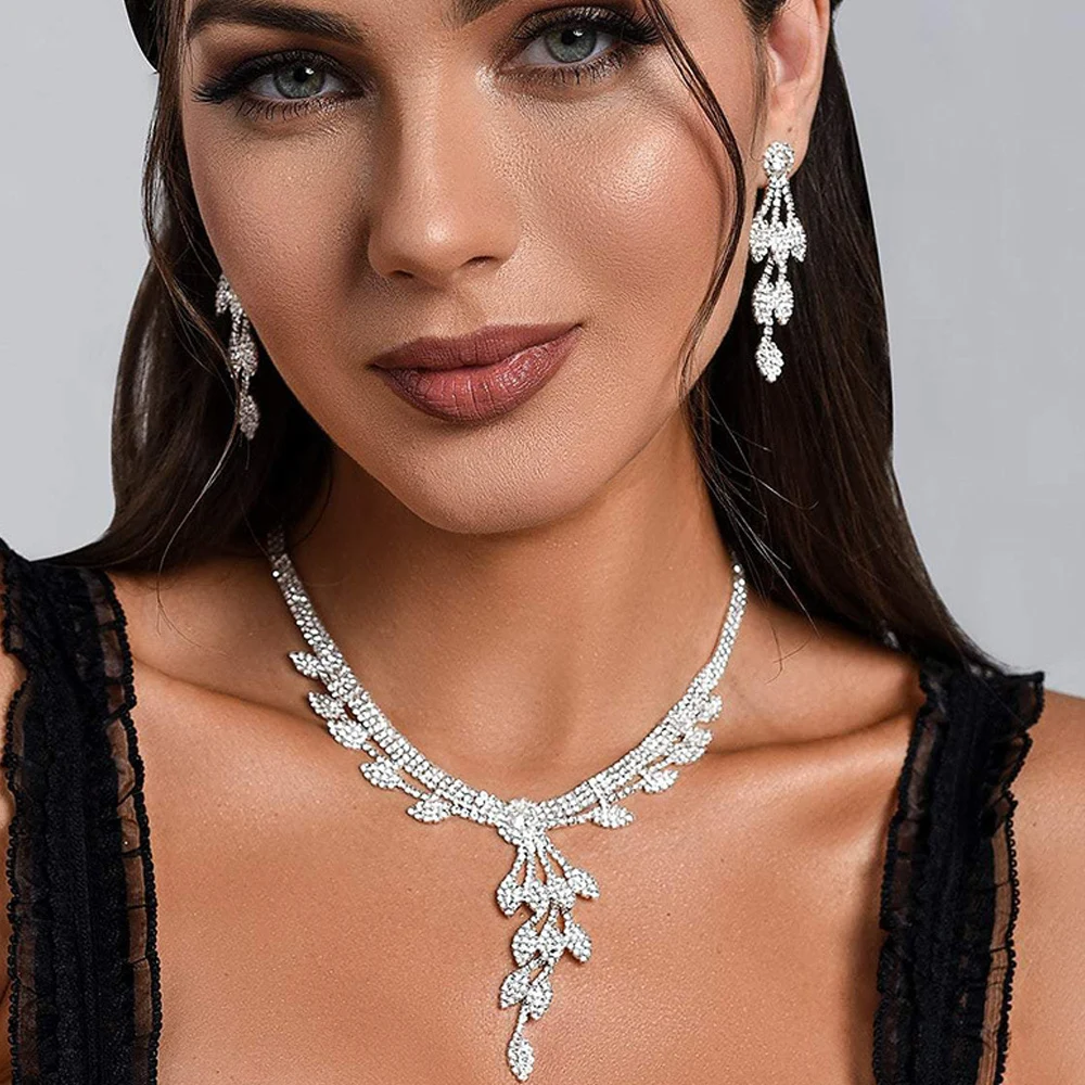 Stonefans Leaf Tassel Wedding Necklace Sets Elegant Jewelry for Women Luxury African Rhinestone Bridal Jewelry Set Banquet Gift