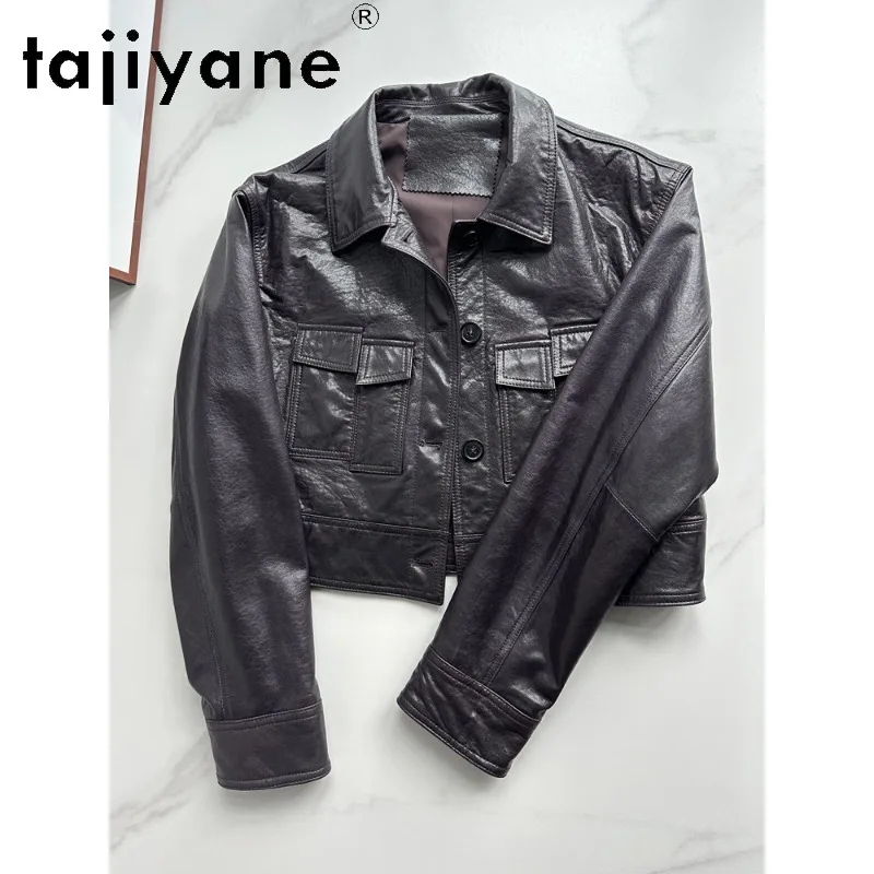 TAJIYANE Oil Waxed Sheepskin Thin Leather Coat Genuine Leather Jacket Woman Cropped Biker Jackets for Woman Slim Fit 가죽자켓 2026